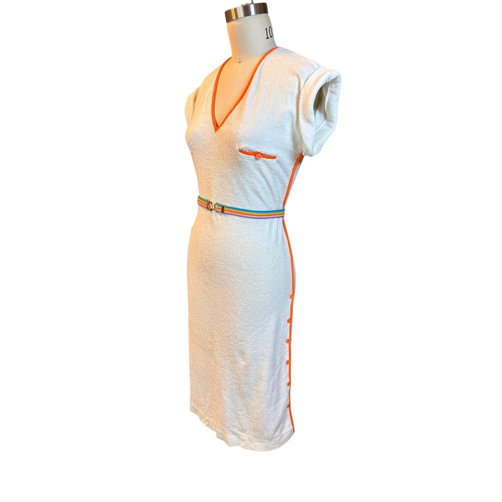 Swim Cover Up French Maid Dress Terry Cloth 70s M White Orange Vintage